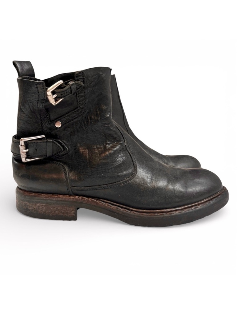Diesel Black Distressed Leather Slouchy Buckle Ankle Biker Engineer Boots 7